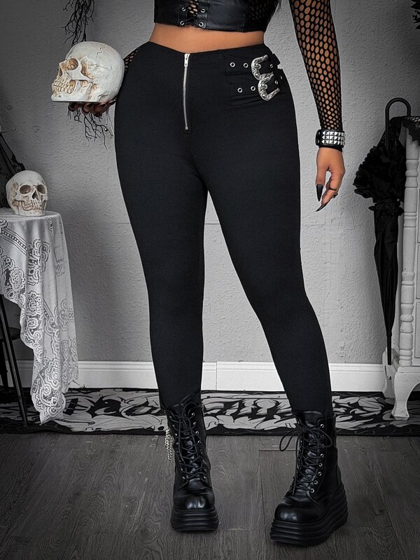 Whyspr Quần legging nữ size lớn phong cách tối tăm có khóa cài, co giãn cao tôn dáng, quần tiệc Gothic, thời trang tiểu văn hóa tiên phong