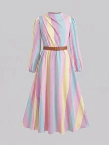 SHEIN Tween女孩 M01072274 秋冬休閒修身抓皺不對稱泡泡長袖拼接腰部抓皺大裙擺彩色條紋印花洋裝 時尚度假優雅復古女孩洋裝 多彩彩虹條紋 - 彩色 - 查看 3