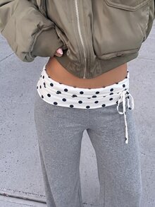 Aloruh 女款夏季新款黑色優雅性感休閒日常通勤約會晚餐簡約可愛時尚現代低腰撞色波點腰綁帶長褲 - 淺灰色 - 查看 5