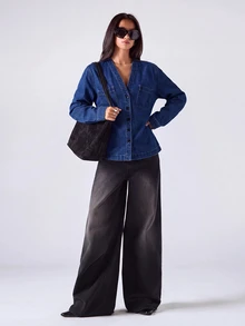 LYSMO Women's Casual Cinched Waist Denim Top, Autumn - Medium Wash - View 8