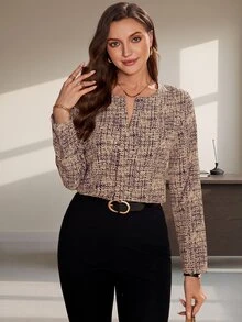 Editum Women's Autumn Versatile Notched Neckline Top - Brown - View 4