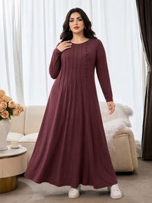 Al Najma Plus Size Women Solid Color Round Neck Long Sleeve Button Design Casual Arabian Dress - Burgundy - View 7
