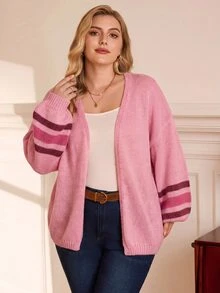 EMERY ROSE Plus Size Women's Colorblock Casual Versatile Daily Cardigan - Pink - View 5