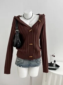 Elamini Women's Solid Color Casual Versatile Daily Wear Hooded Cardigan - Brown - View 4