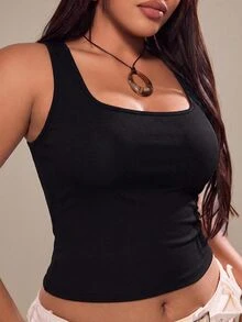 SHEIN Rhythm Era Women's Plus Size Solid Color Cropped Sports Tank Top - Black - View 1