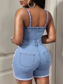 BamGleam Women's Outdoor Fashion Sexy Strapless Frayed Blue Denim Jumpsuit - Light Wash - View 2
