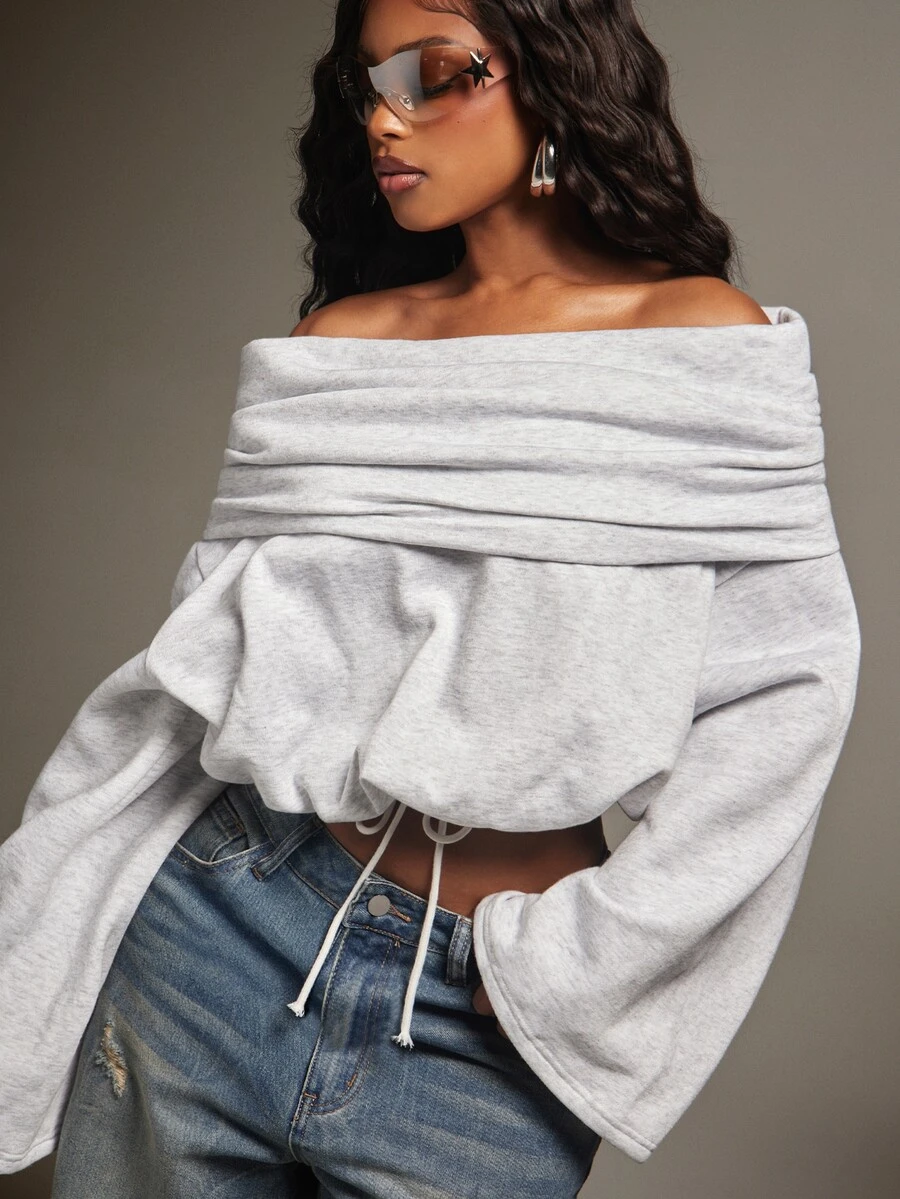 Denimoi Sweatshirt Multi Wear Off Shoulder High Neck Fashion Sweatshirt Lengan Panjang Nyaman Kasual Musim Gugur - Grey - View 1