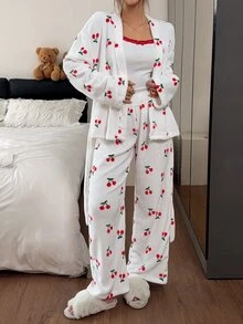 Napfluff Women's Plush Cherry Print Fitted Contrast Trim Camisole Pants And Long Sleeve Cardigan Pajama Set - White - View 2
