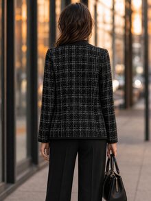 Balvessa Women's Round Neck Plaid Tweed Open Front Long Sleeve Jacket - Black - View 2