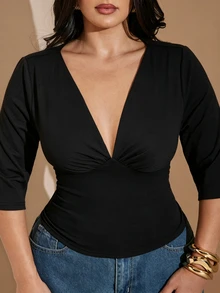 SHEIN BAE CURVE Plus Size Women's Solid Color Deep V-Neck Short Sleeve Fitted T-Shirt - Black - View 3