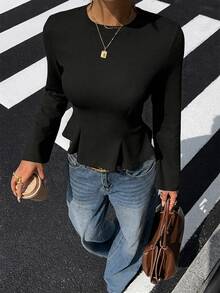 Siren Gaze Solid Color Round Neck Long Sleeve Slim Fit T-Shirt For Women, Autumn New Style - Black - View 4