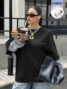 Muchica 大尺碼女款拼接條紋 2 合 1 休閒傳統軟挺 T 恤 正式度假風 黑白配色 秋季 - 黑色 - 查看 4