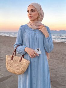Al Najma Spring/Autumn Round Neck Front Button Embroidered Patchwork Textured Blue Dress  Blue Dress Saudi National Day Fall/Winter Vacation  Traditional - Blue - View 3