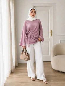 Solavon Blus Ukuran Besar Musim Gugur Elegan Warna Polos dengan Ikatan di Depan - Berwarna merah muda - View 3