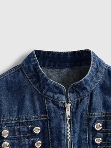 ROMWE Jaket dan Mantel Denim Pendek Vintage Washed Berpotongan Pendek Gaya Y2K Napoleon untuk Wanita, Model Kancing Logam Double-Breasted Napoleon Musim Gugur/Dingin - Medium Wash - View 3