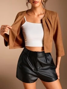 SHEIN BASICS 女款素色長袖百褶開襟休閒夾克 - 棕色 - 查看 9