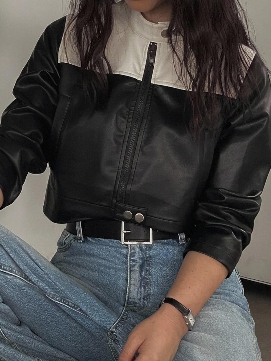 Dazy Plus Cropped Patchwork Contrast Color Motorcycle Street Casual Spring Autumn Jacket - Black - View 1