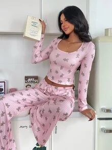 ZzzCrew Pink Women's Ribbed Knit Cartoon Cookie Man Christmas Print Large Scoop Neck Pajama Set - Pink - View 2
