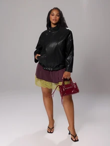 Rustia Jaket Fashion Wanita Ukuran Besar Warna Polos Kulit PU Lengan Panjang dengan Saku untuk Musim Gugur - Hitam - View 5
