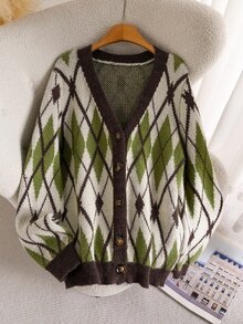 Elaquor Áo cardigan họa tiết quả trám casual size lớn cho mùa Thu/Đông - Nhiều màu - Xem 5