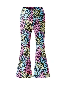 SHEIN Tween Girl Fashionable Street Style Y2k 2000s Animal Leopard Print Flare Leggings Long Pants, Spring And Autumn, Dance Gymnastics Pink And Blue School - Multicolor - View 1
