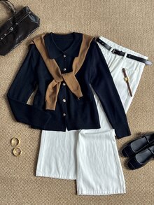 Grovea Cardigan Rajut Kasual Lengan Panjang Kancing Tunggal Ukuran Besar untuk Wanita Musim Dingin - Hitam - View 1