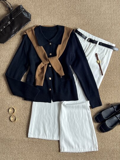 Grovea Plus Size Women's Long Sleeve Single-Breasted Casual Knit Cardigan