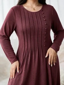 Al Najma Plus Size Women Solid Color Round Neck Long Sleeve Button Design Casual Arabian Dress - Burgundy - View 3