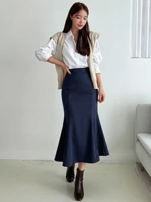 DAZY 女款純色高腰優雅魚尾裙 - 藏蓝色 - 查看 5