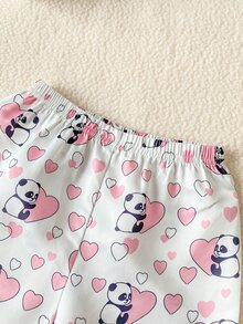SHEIN 女童優雅甜美熊貓與愛心圖案休閒舒適長袖上衣＋長褲兩件式居家服套裝 - 粉色 - 查看 4