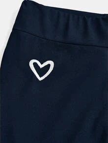 SHEIN Kids Tween Girl Autumn/Winter Casual Basic Slim Fit Exquisite Heart Embroidery High Waist Leggings - Blue - View 3