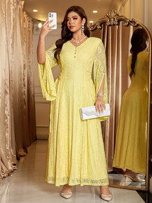 Reflora Plus Size Elegant Party Solid Color Lace Dress - Yellow - View 3