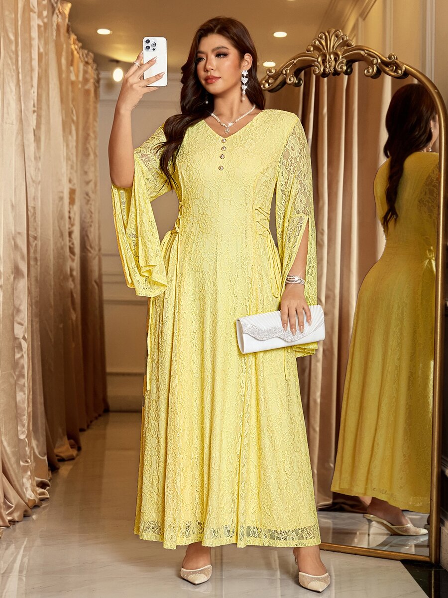 Reflora Plus Size Elegant Party Solid Color Lace Dress - Yellow - View 1