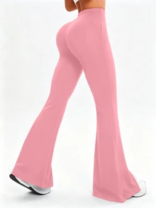 Easithlete Solid Color High Waist Split Hem Flare Leg Sports Pants - Pink - View 2