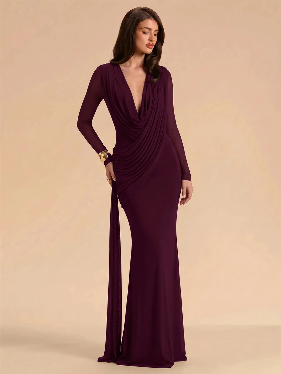 SHEIN BAE Women's Solid Color Pleated Ribbon Design Fishtail Hem Elegant Dress - Red Violet - View 1