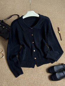 Grovea Cardigan Rajut Kasual Lengan Panjang Kancing Tunggal Ukuran Besar untuk Wanita Musim Dingin - Hitam - View 3