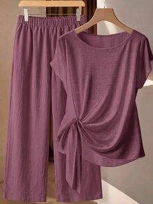 SHEIN Clasi 大尺碼休閒繫帶上衣與長褲兩件套 - 中紫紅色 - 查看 1