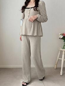Dazy Maternity Setelan 2 Potong Atasan Pullover Lengan Panjang dan Celana dengan Motif Garis-Garis dan Patchwork Warna Kontras di Bagian Bawah, Cocok untuk Pakaian Rumah Sehari-hari Musim Semi dan Gugur serta untuk Ibu Hamil - Grey - View 8