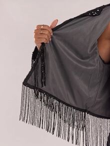 SHEIN BAE Black Sequin Fringe Open Front Cardigan, Round Neck Relaxed Fit Sparkle Tassel Cropped Jacket, Party Concert Night Out Fall Winter Outerwear - Black - View 8