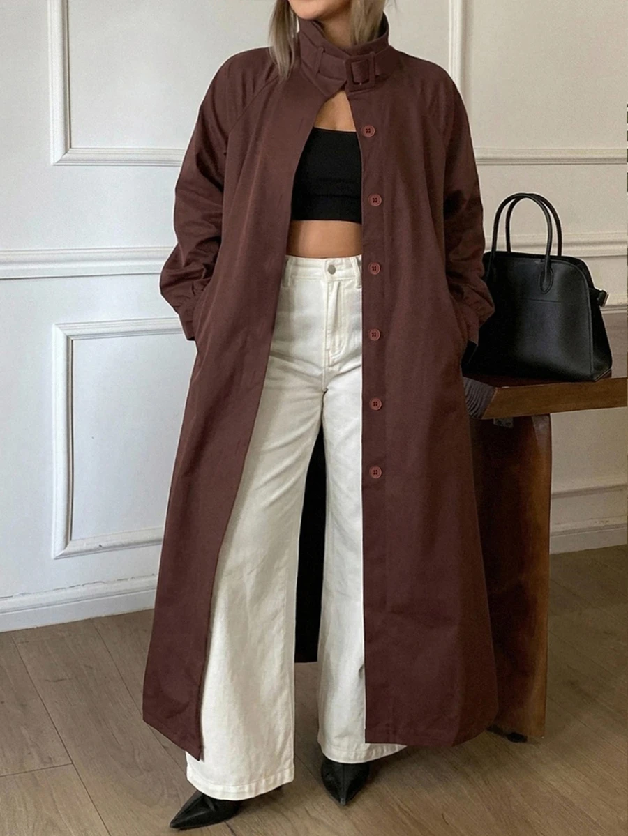 Dazy Plus Solid Color Loose Long Belt Elegant Street Vacation Spring Autumn Long Trench Coat - Brown - View 1
