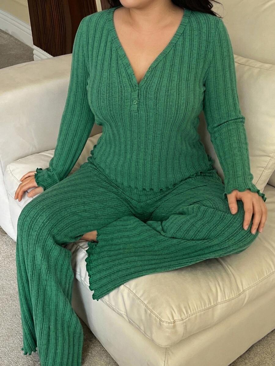 Dazy Plus Casual Slouchy Bright Green Fitted Top & Pants 2-Piece Set, Spring/Autumn New Pajama Set - Green - View 1