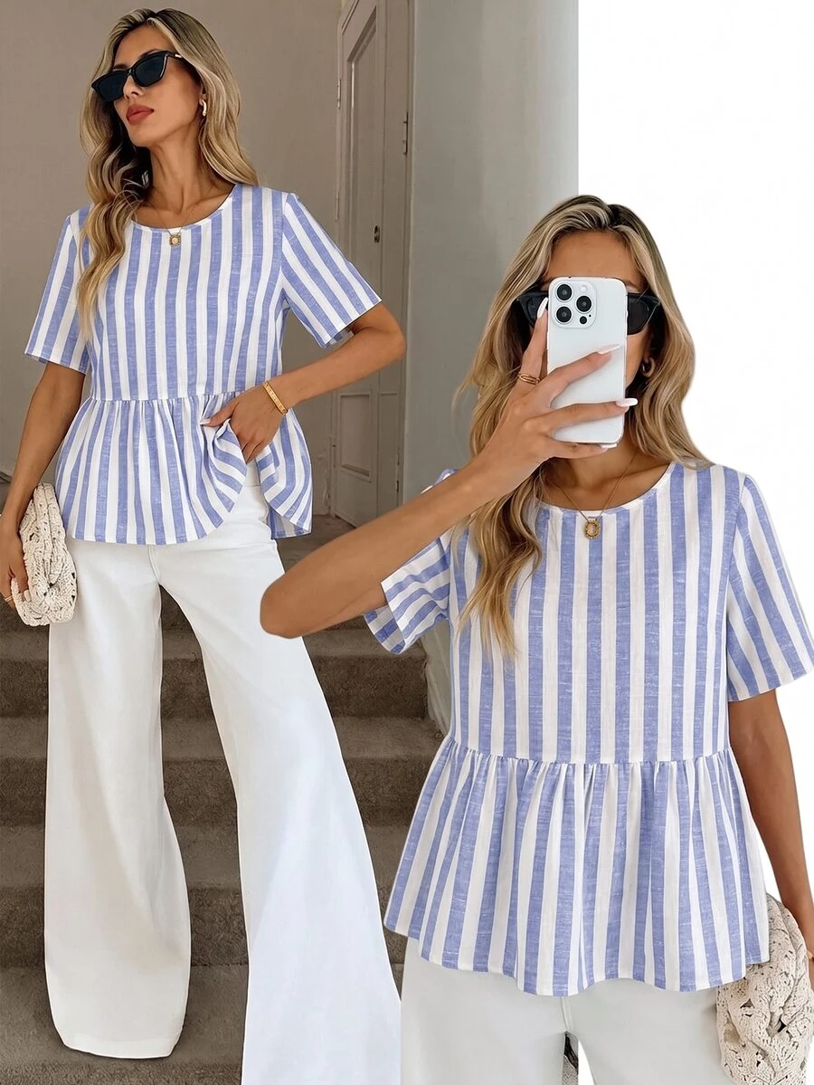 SHEIN LUNE 女款條紋圓領短袖荷葉邊下擺休閒襯衫 - 彩色 - 查看 1