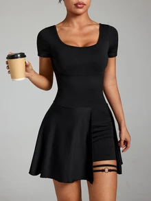 Mistrie Women's Solid Color Square Neck Short Sleeve Daily Fitness Sports Romper - Black - View 6