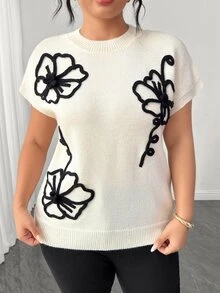 Elenzga Women's Spring/Summer New Single Piece Round Neck Sleeveless Machine Embroidered Floral Pattern French Style Elegant Loose Regular Fit Knit Pullover Lady Daily Versatile Fashion Plus Size Top - Beige - View 4