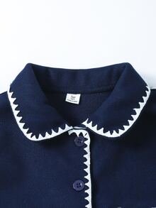 SHEIN 青少年女孩休閒百搭黑白撞色飾邊翻領大口袋秋冬羊毛外套 - 藏蓝色 - 查看 4