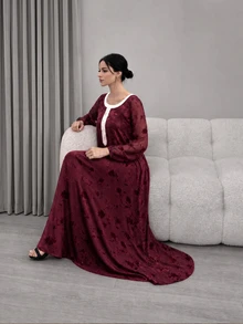 Yasmyna Women's Elegant Floral Flocked Arabian Dress - Red - View 4
