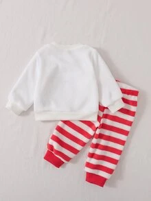SHEIN Playful Pals 2件組女嬰可愛紅白馴鹿條紋毛絨套裝，長袖圓領加厚衛衣褲，冬季秋季派對服飾 - 紅白色 - 查看 2