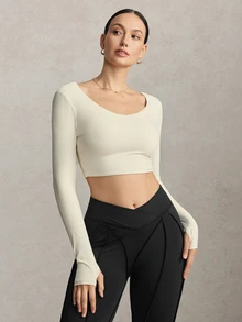 Activina Women's Solid Color Back Cutout Design Long Sleeve Sports T-Shirt - White - View 2