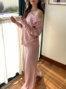 DAZY Women's Solid Color Bow Decor Asymmetric Shoulder Long Sleeve Sweater Fall - Pink - View 2