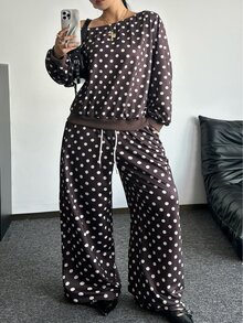 POPSWAY Plus Size Women Polka Dot Asymmetric Shoulder Sweatshirt And Pants Set, Casual Asymmetrical Shoulder Long Sleeve Two Pieces Outfit, Spring And Autumn Daily Wear - Brown - View 3